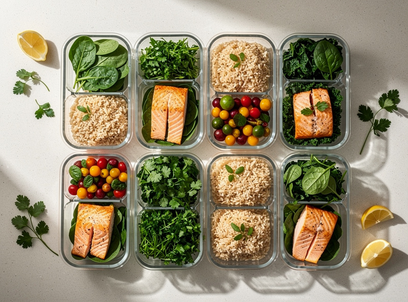 Weekly meal prep with vegetables, salmon, brown rice in glass containers on kitchen counter