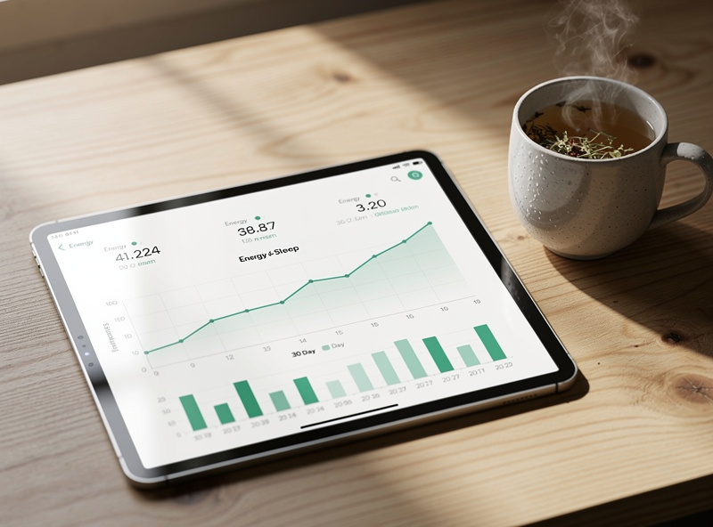 Wellness tracker showing energy and sleep metrics improving over 30 days on tablet screen