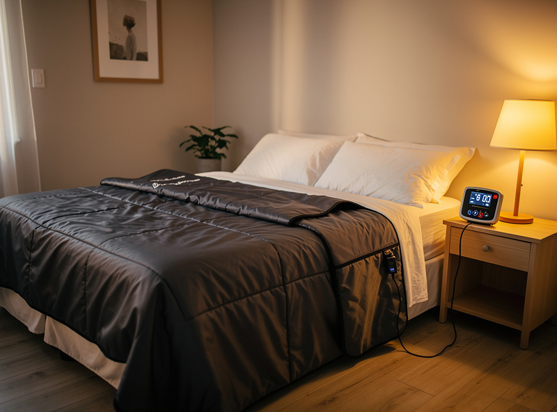 Infrared sauna blanket unrolled on white bed in a studio apartment