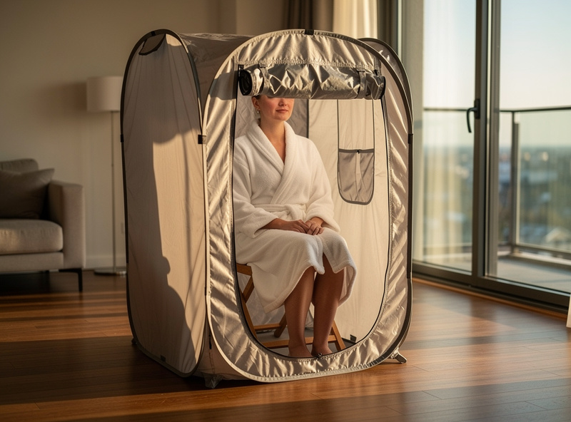 Pop-up portable infrared sauna assembled on hardwood floor