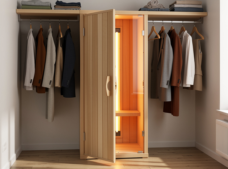 Compact 1-person hardwood infrared sauna inside walk-in closet