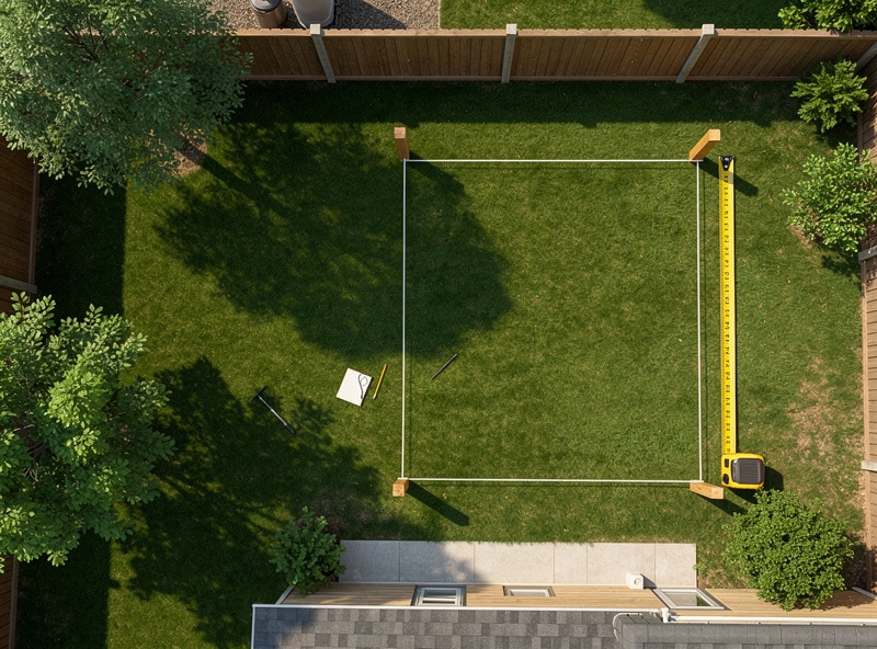 Top-down view of a suburban backyard with stakes marking sauna placement zone