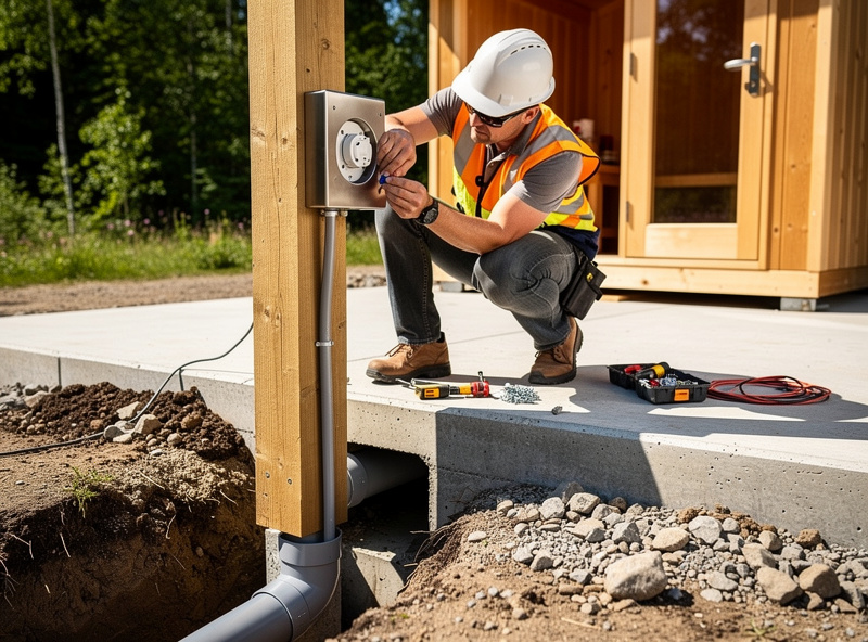 Electrician installing a weatherproof outdoor receptacle near a sauna pad