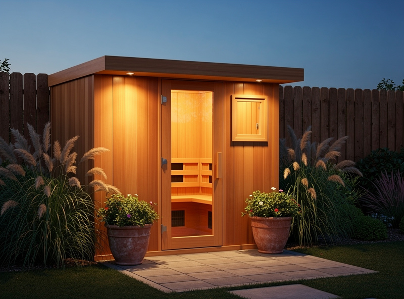 Backyard infrared sauna with privacy fence and ornamental grasses at dusk