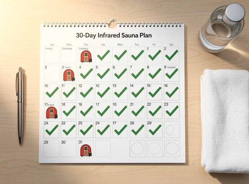 Calendar showing 30-day infrared sauna schedule with checkmarks