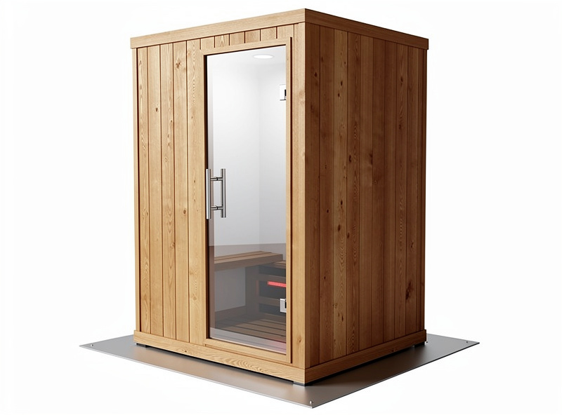Three-quarter product view of a single-person cedar infrared sauna cabin with tall glass front door