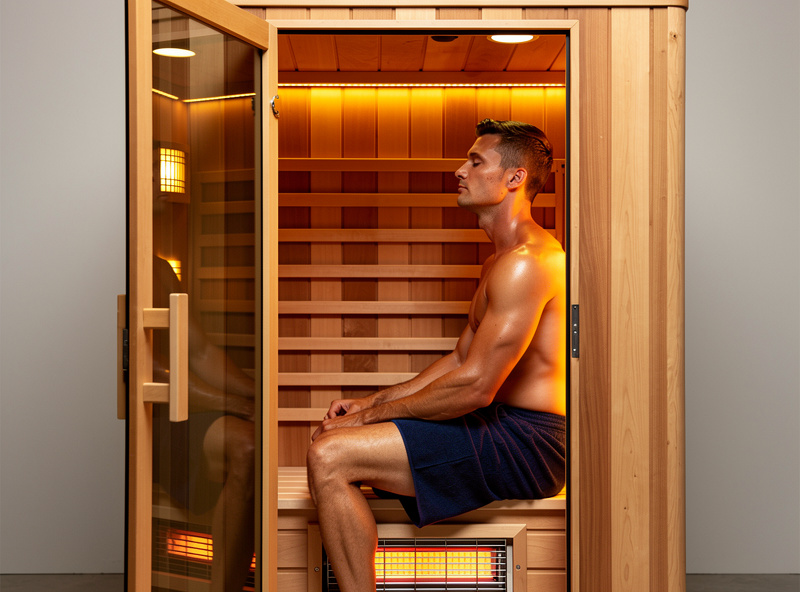 Tall adult man seated comfortably inside a one-person infrared sauna with knee clearance to front-wall heater