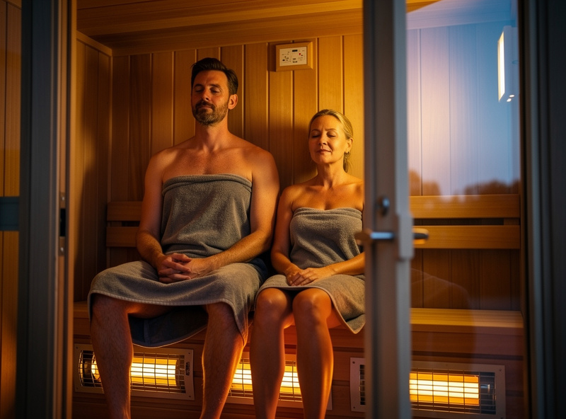 Tall couple seated together in a roomy two-person cedar infrared sauna with knee and head clearance