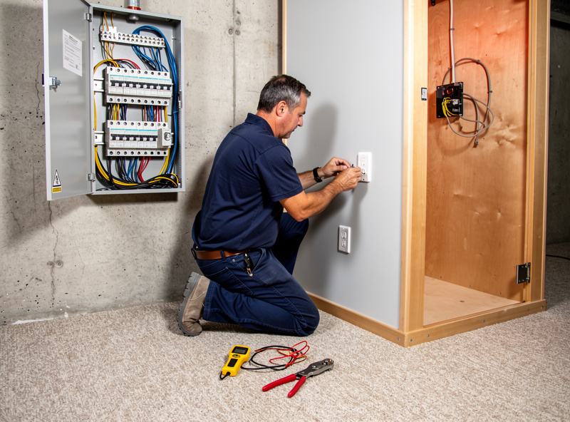 Electrician installing a dedicated 110-volt circuit beside a two-person infrared sauna in a basement utility area