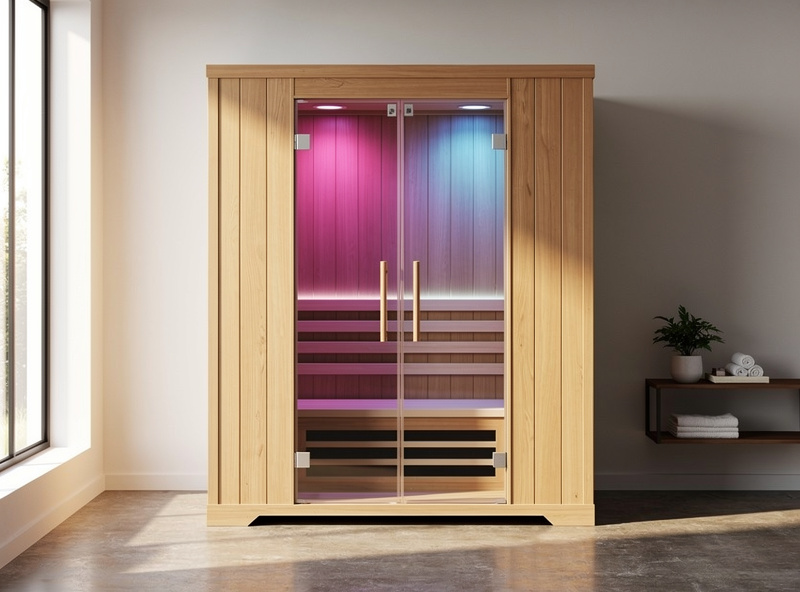 Modern home infrared sauna installation in a wellness room with chromotherapy lighting