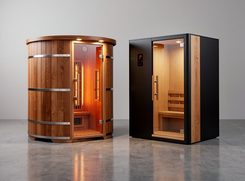 Side-by-side comparison of premium and budget infrared sauna cabins in a showroom