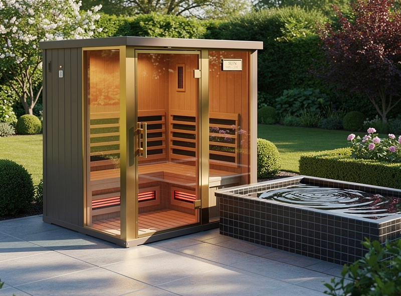 Sun Home Equinox outdoor infrared sauna with cold plunge tub on slate patio