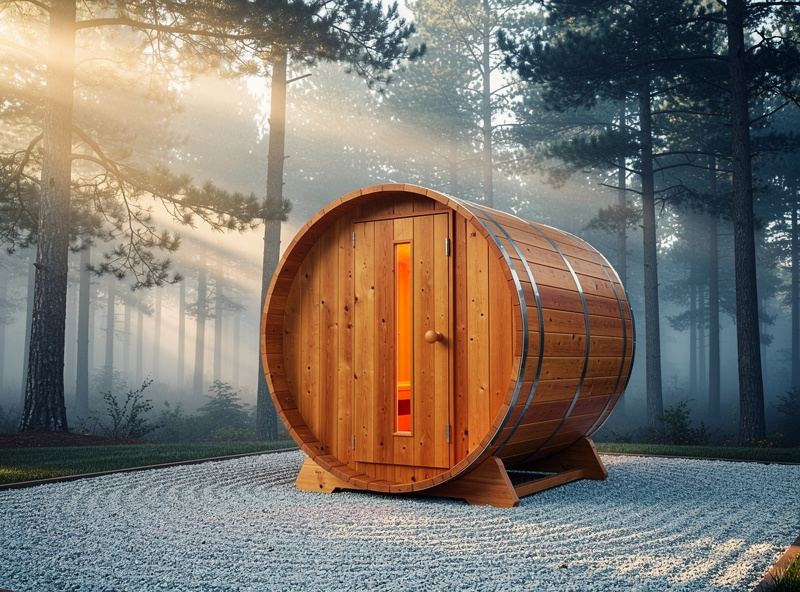 Cedar barrel outdoor infrared sauna in a forested backyard