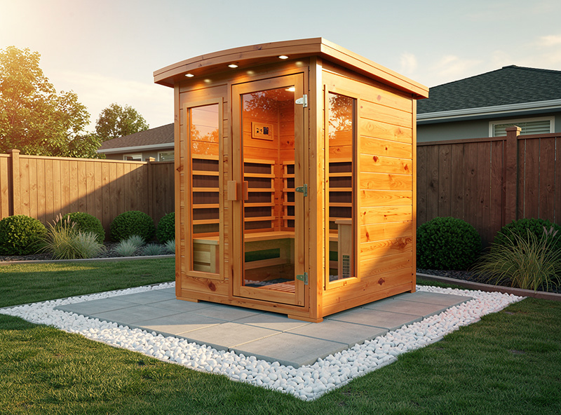 Compact 2-person Hemlock outdoor sauna on concrete pavers in a suburban backyard