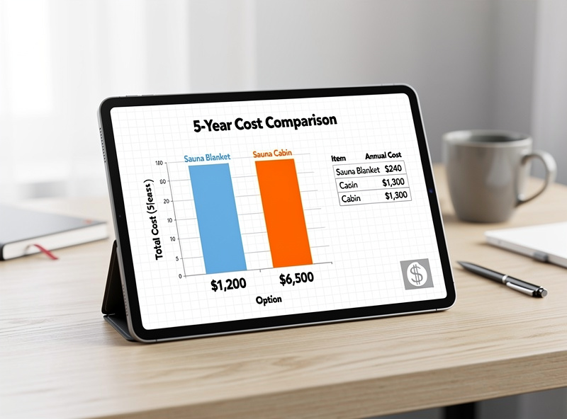 Sauna blanket vs cabin cost comparison chart on tablet screen at desk