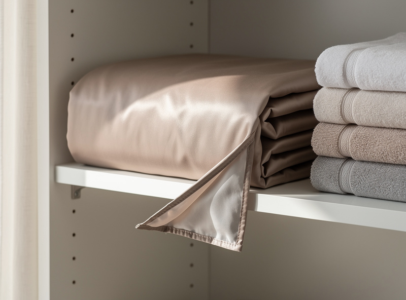 Folded sauna blanket compactly stored on closet shelf next to towels