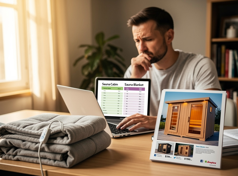 Homeowner reviewing sauna comparison chart on laptop with product catalog and folded blanket on desk
