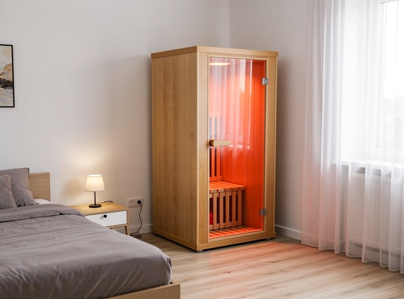 Small compact 1-person infrared sauna cabin in apartment bedroom corner