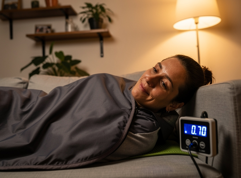 Person using infrared sauna blanket at home with temperature controller