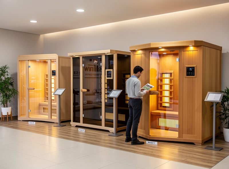Person comparing infrared sauna models in a showroom with multiple cabin styles
