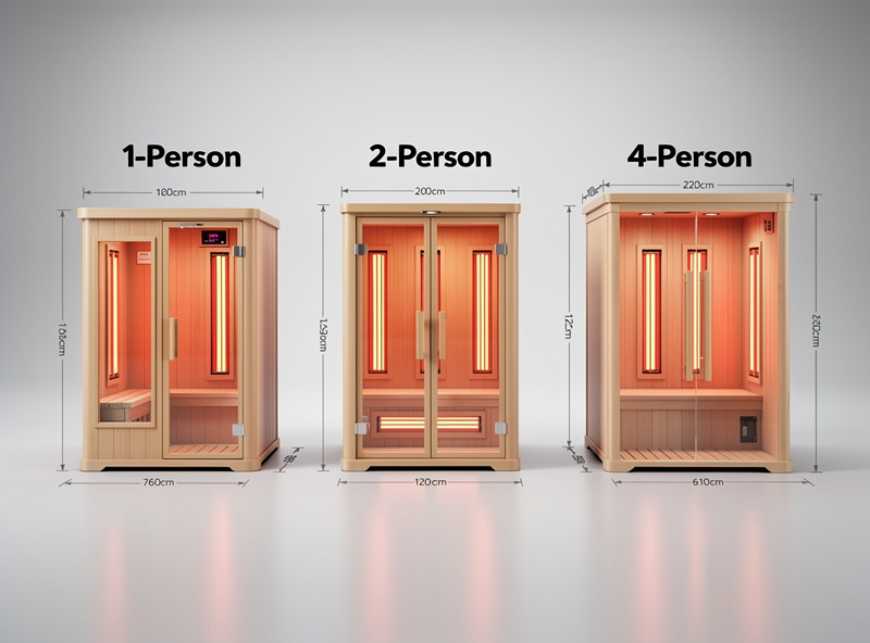Infrared sauna size comparison showing 1-person 2-person and 4-person models