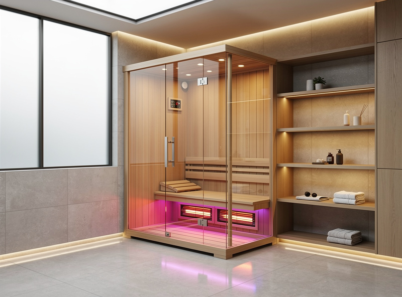 Modern home installation of Clearlight Sanctuary infrared sauna with chromotherapy ambient lighting