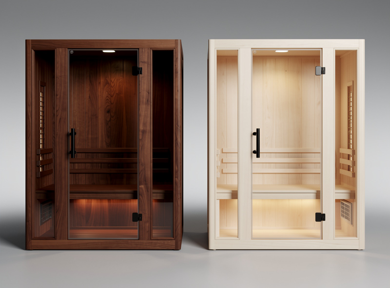 Comparison view of two premium infrared sauna cabin designs in modern home settings