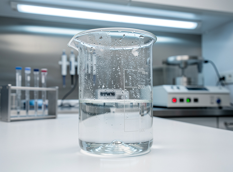 Glass beaker filled with sweat droplets being analyzed in a clinical lab