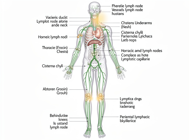 Anatomical diagram of human lymphatic system with highlighted lymph nodes and vessels