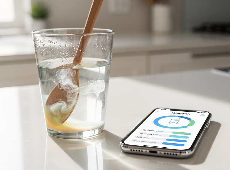Glass of water with electrolyte powder being mixed beside hydration tracking app
