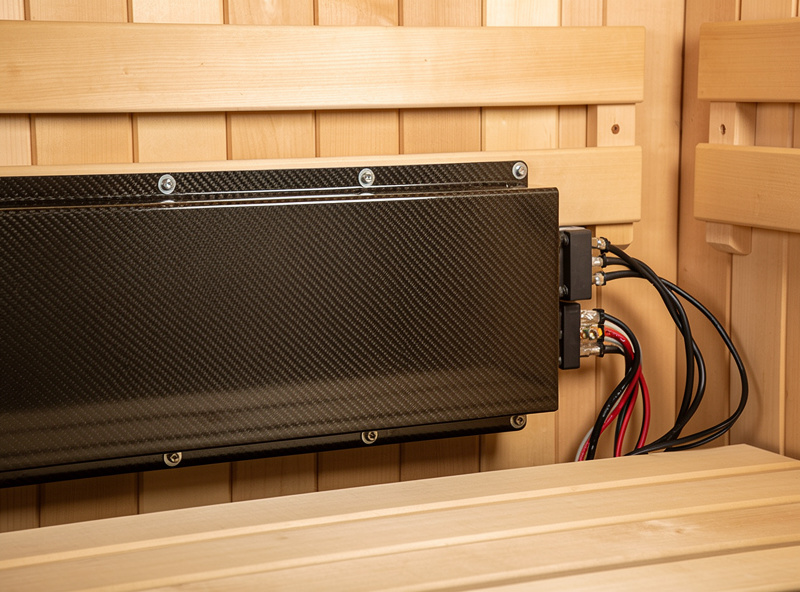 Budget-tier infrared sauna cabin with Canadian Hemlock construction and carbon heater panels in basement home setup