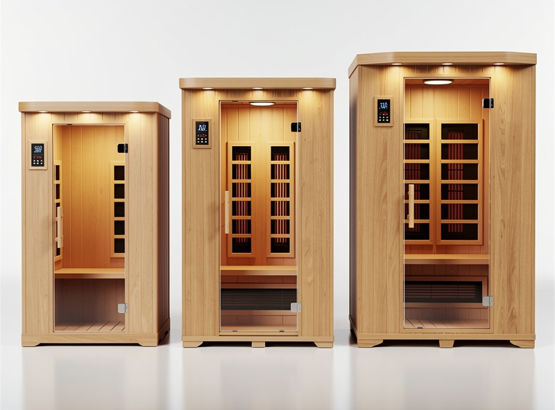 Multiple budget infrared sauna cabin models displayed showing entry-level pricing tier construction