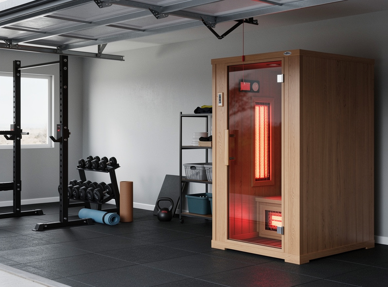 Side view of budget infrared sauna cabin in modern home gym showing entry-level construction details
