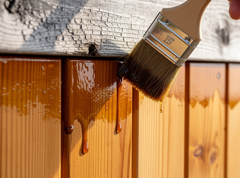 Paintbrush applying clear cedar penetrating oil sealant to outdoor sauna
