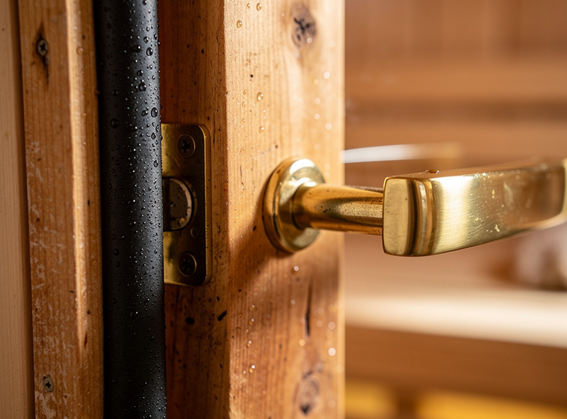 Close-up of EPDM door gasket on outdoor sauna with brass handle and hinge