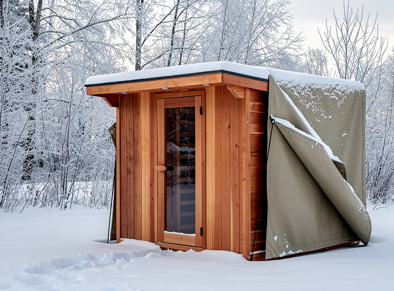 Outdoor cedar sauna covered in light snow with breathable cover folded back