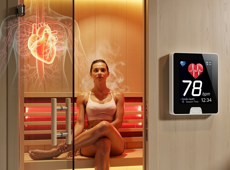 Infrared sauna showing heart rate monitor during cardiovascular health session