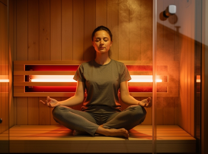 Person meditating inside infrared sauna for mental wellness