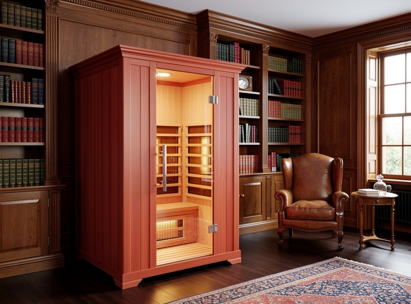 Heritage premium infrared sauna in classic cedar cabin design installed in traditional home wellness room
