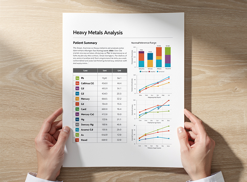 Hands holding medical lab report showing heavy metals analysis charts