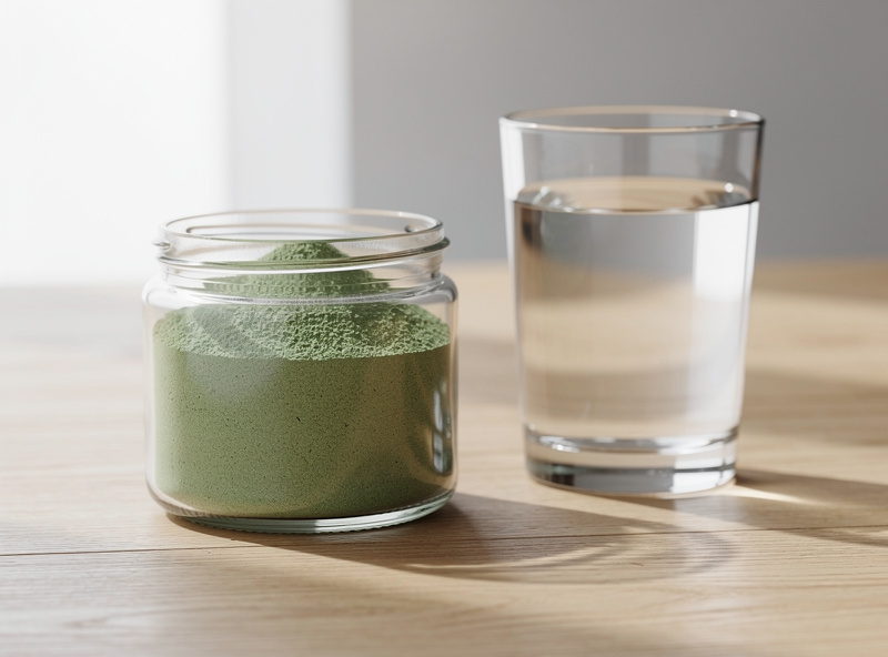 Activated charcoal capsules, chlorella tablets, and a glass of water on wooden countertop