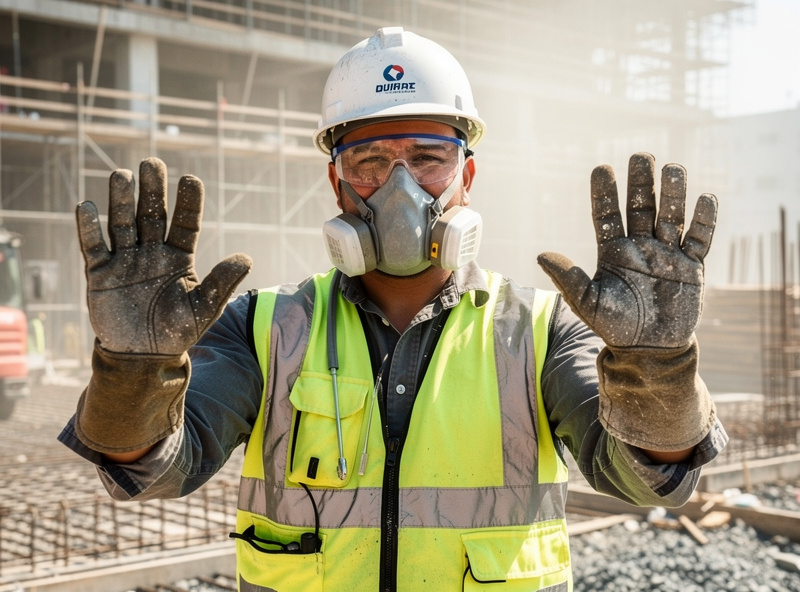 Construction worker in protective gear with dust on hands showing occupational heavy metal exposure