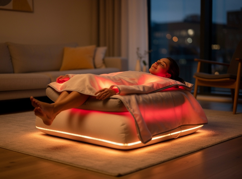 Person reclining in HigherDose-style infrared sauna blanket with warm interior lighting