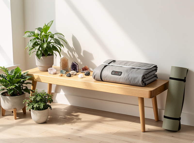 Modern home wellness corner with infrared sauna blanket, plants, and minimalist styling