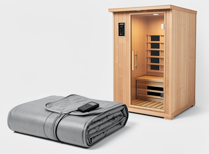 Side by side comparison of infrared sauna blanket and full cabin sauna in modern home