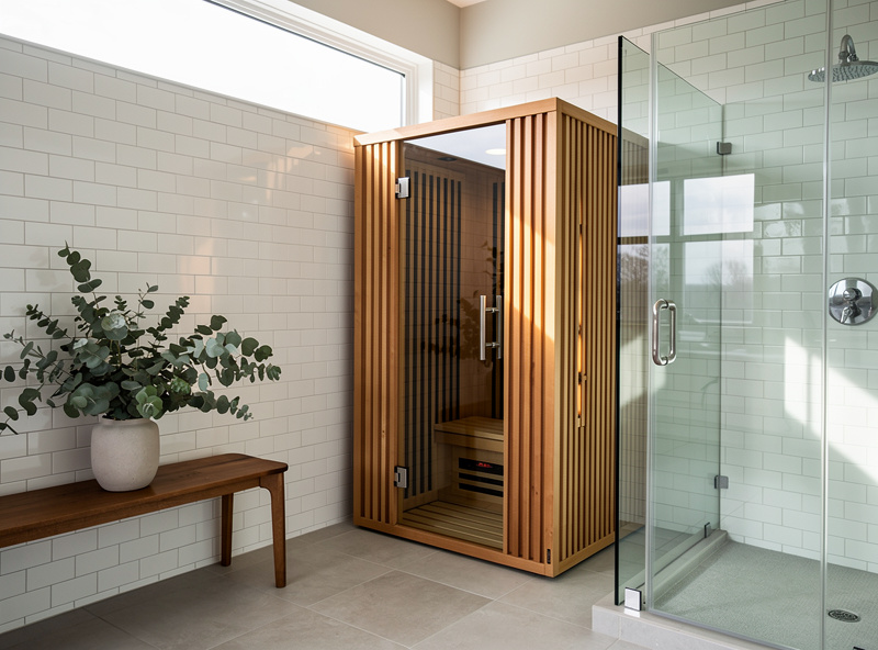 Two-person infrared sauna installed in master bathroom corner next to glass shower