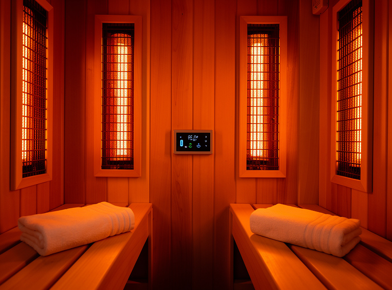 Interior view of home infrared sauna with carbon panel heaters glowing on cedar walls