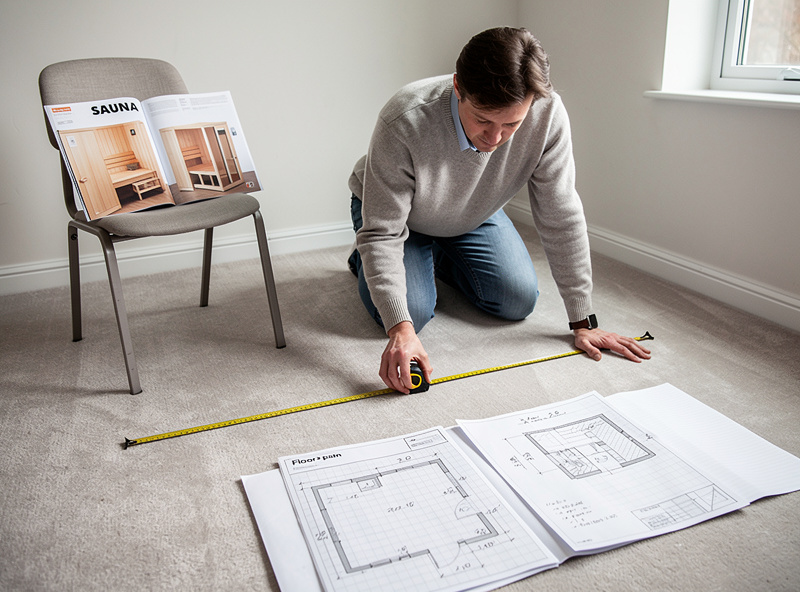 Homeowner measuring spare bedroom for sauna placement with tape measure and graph paper