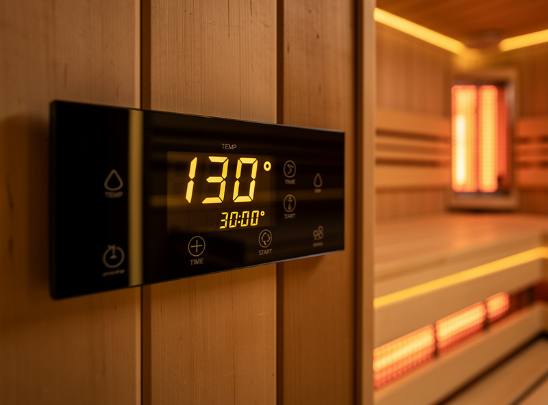Infrared sauna control panel showing 130 degrees and 30 minute timer
