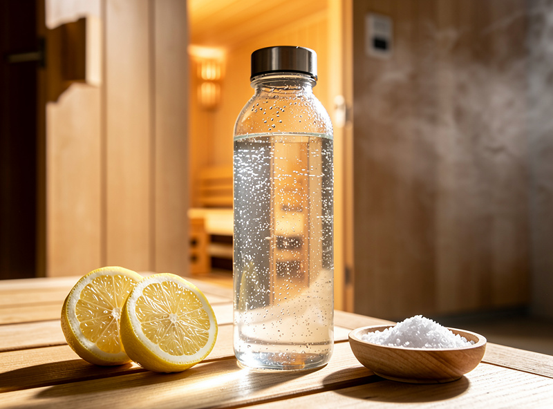 Water bottle with electrolytes and lemon for sauna hydration
